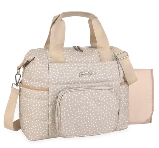 Jessica Simpson Quilted Baby Essentials Multifunction Multi-Pocket Fashion Diaper Bag Luggage Tote with Magnetic Front Wipes Pocket Bottle Pockets & Changing Pad for Infant Boys & Girls in Taupe Dots